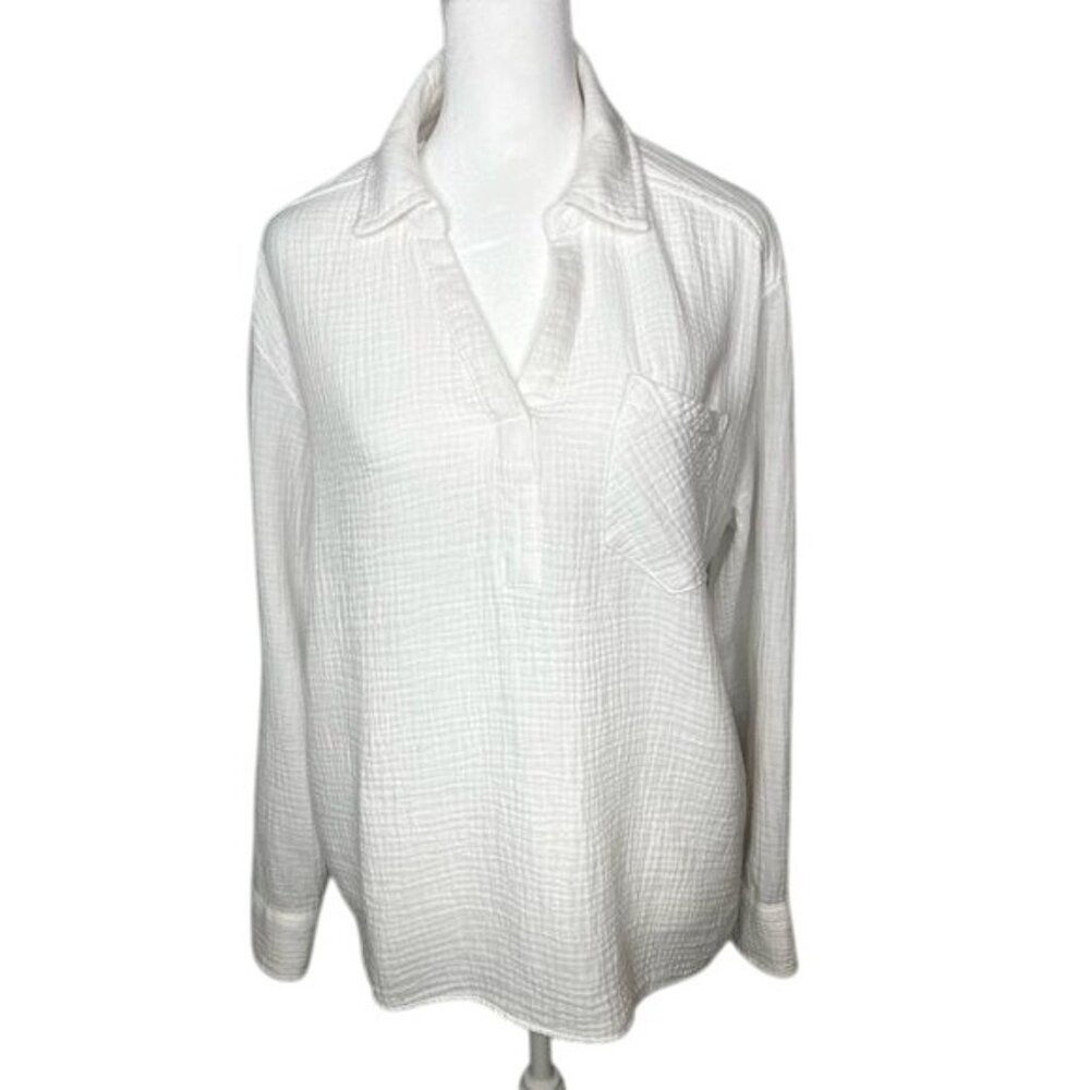 CeCe Womens Popover White Cotton Long Sleeve Button-Down Shirt Size M